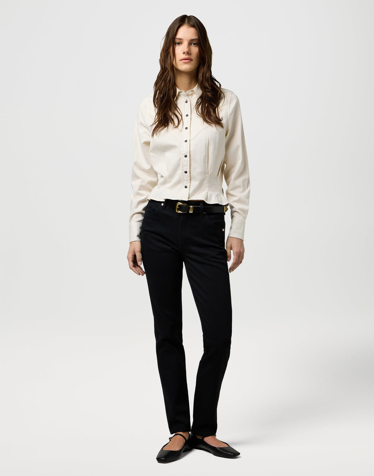 Femme Peplum Shirt in Pinstar White