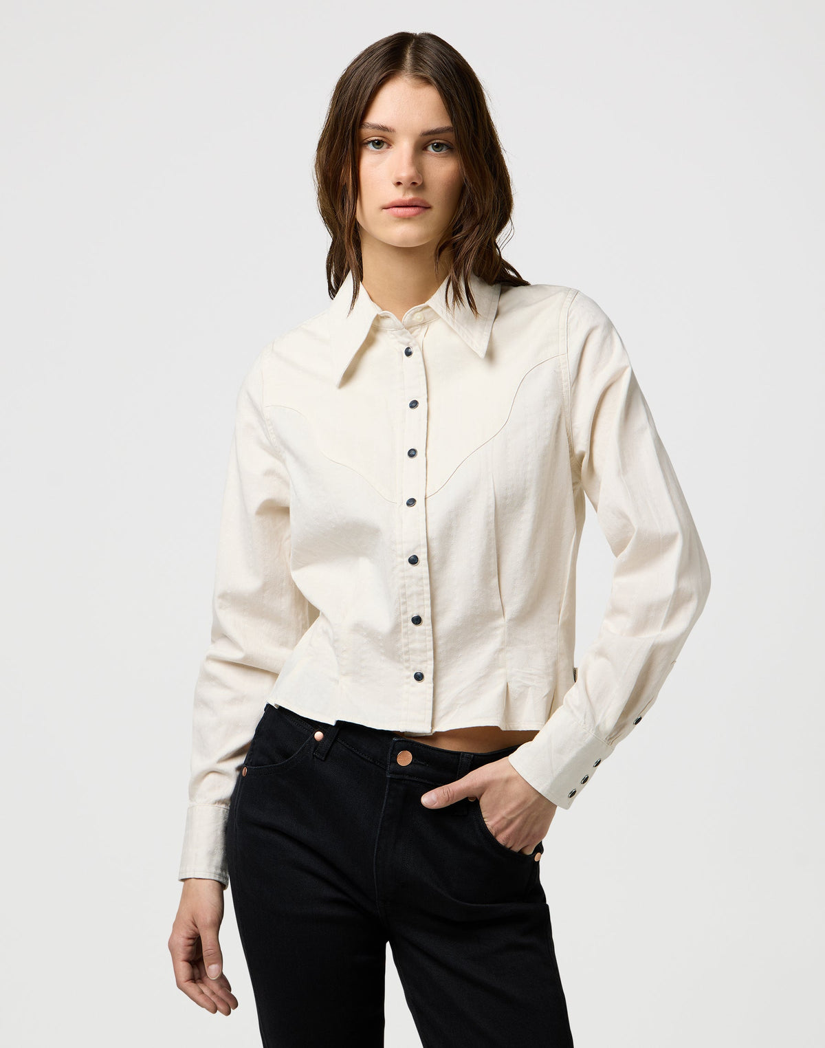 Femme Peplum Shirt in Pinstar White