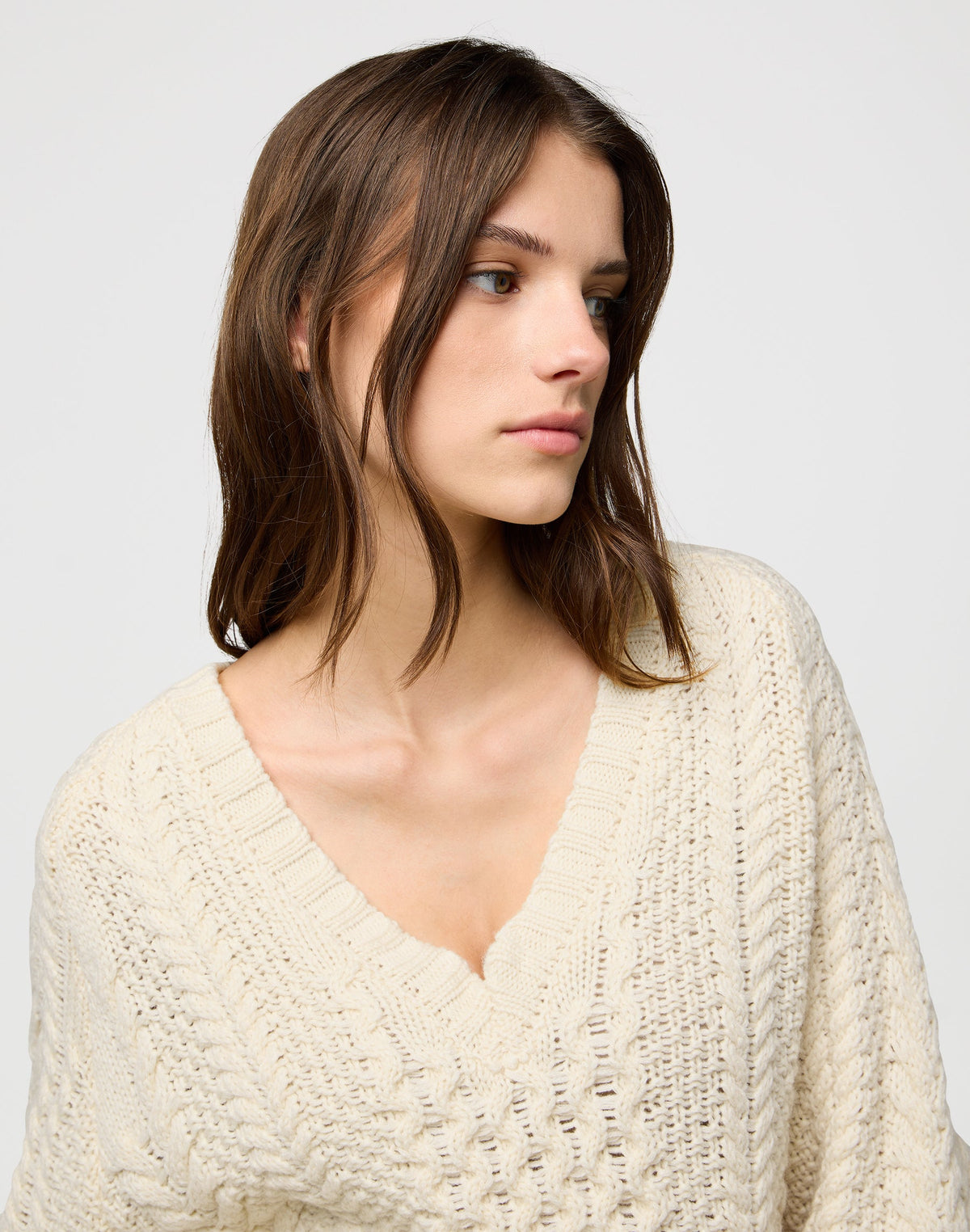 V Neck Cable Knit in Ivory