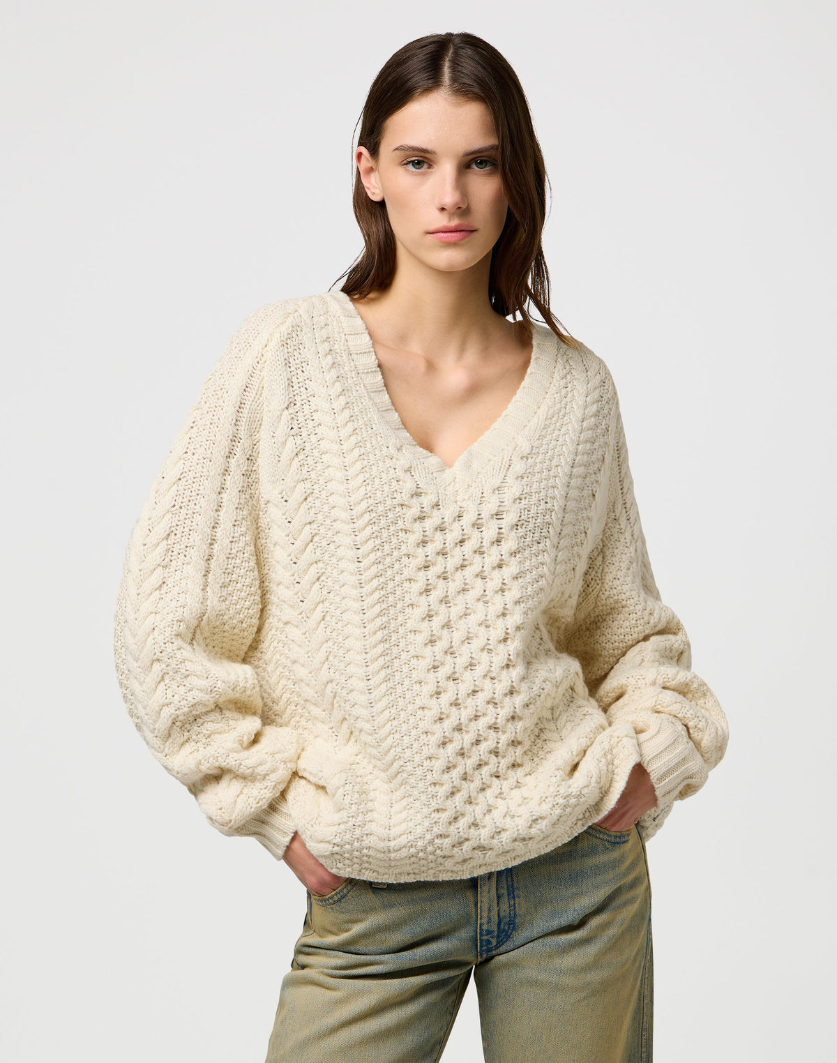 V Neck Cable Knit in Ivory