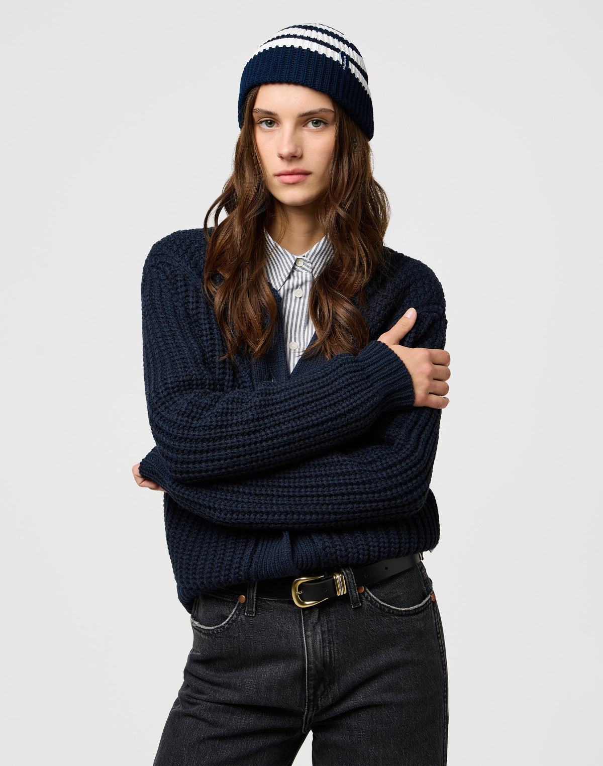 Striped Beanie in Dark Navy