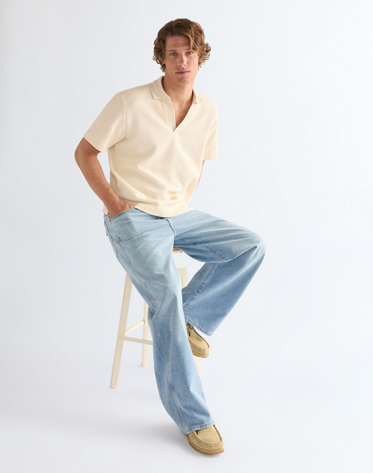 Shortsleeve Polo Sweater in Egret
