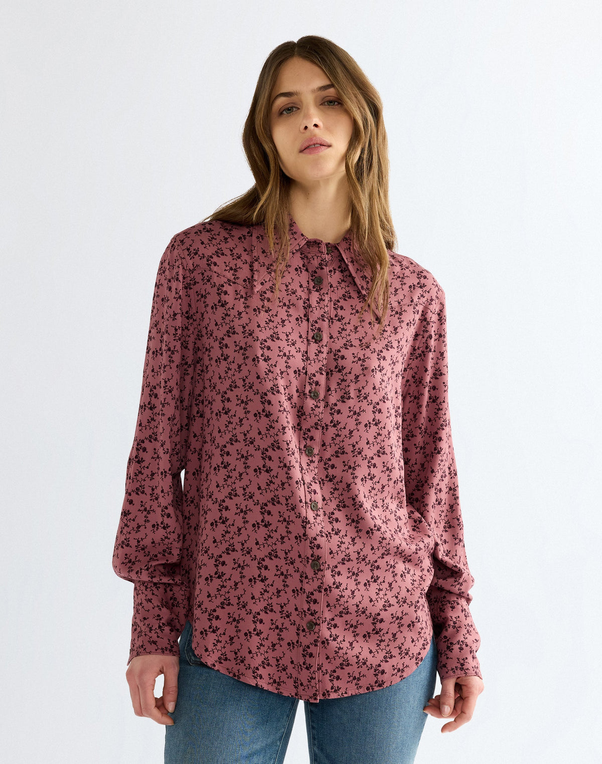 Langarmbluse Drama Collar in Pink Rose