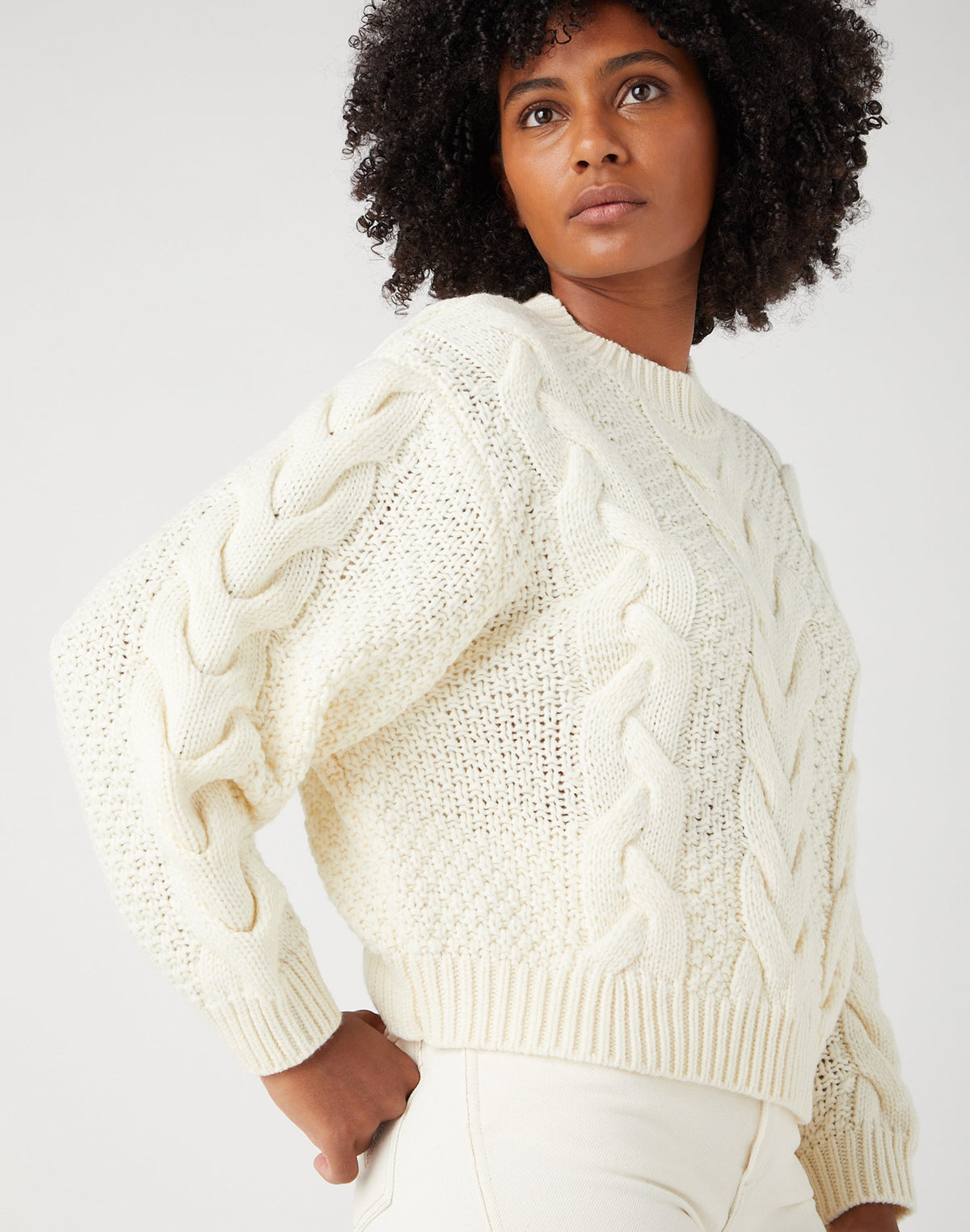 Crew Neck Cable Knit in Worn White