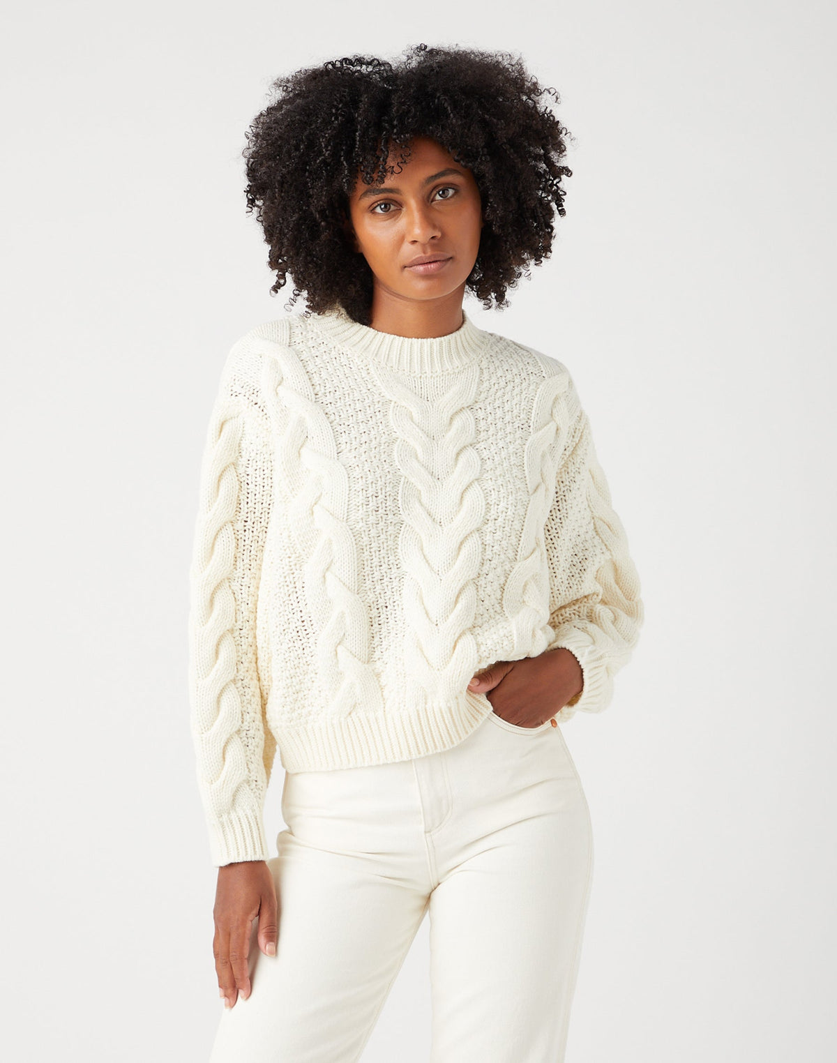 Crew Neck Cable Knit in Worn White
