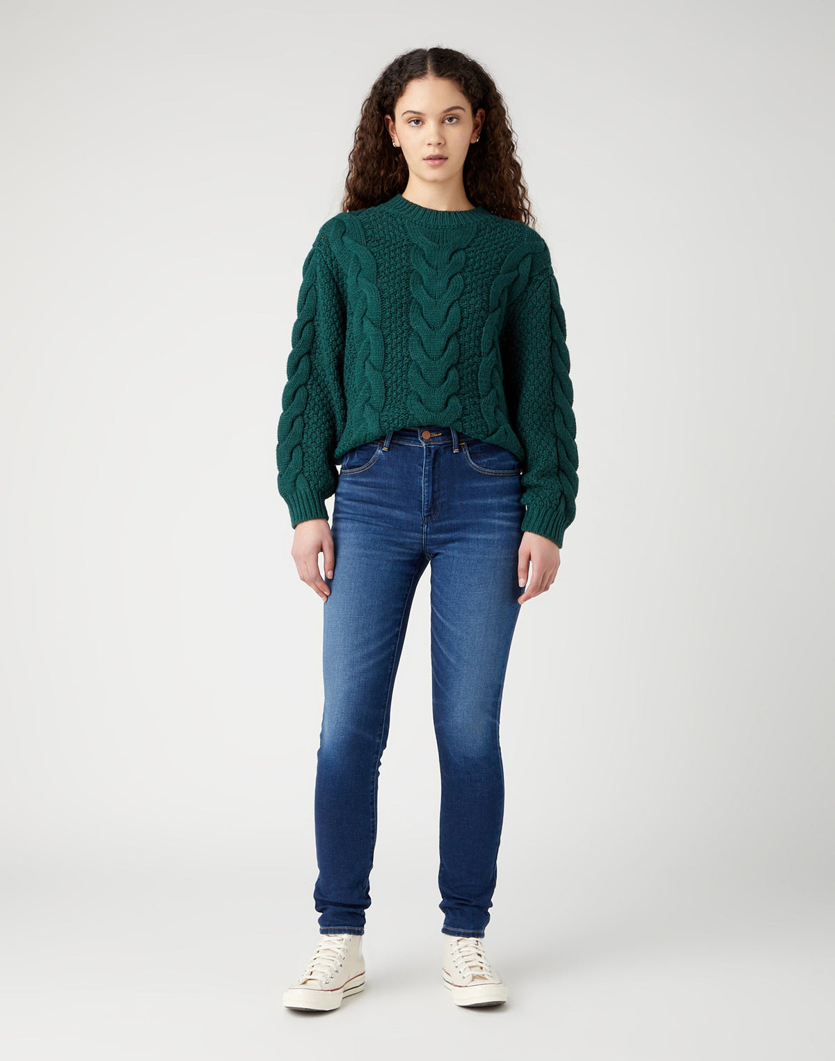 Crew Neck Cable Knit in Dark Matcha